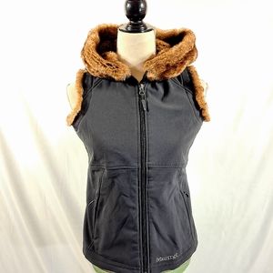 Marmot Black Faux Fur Softshell Zip Up Hooded Vest
